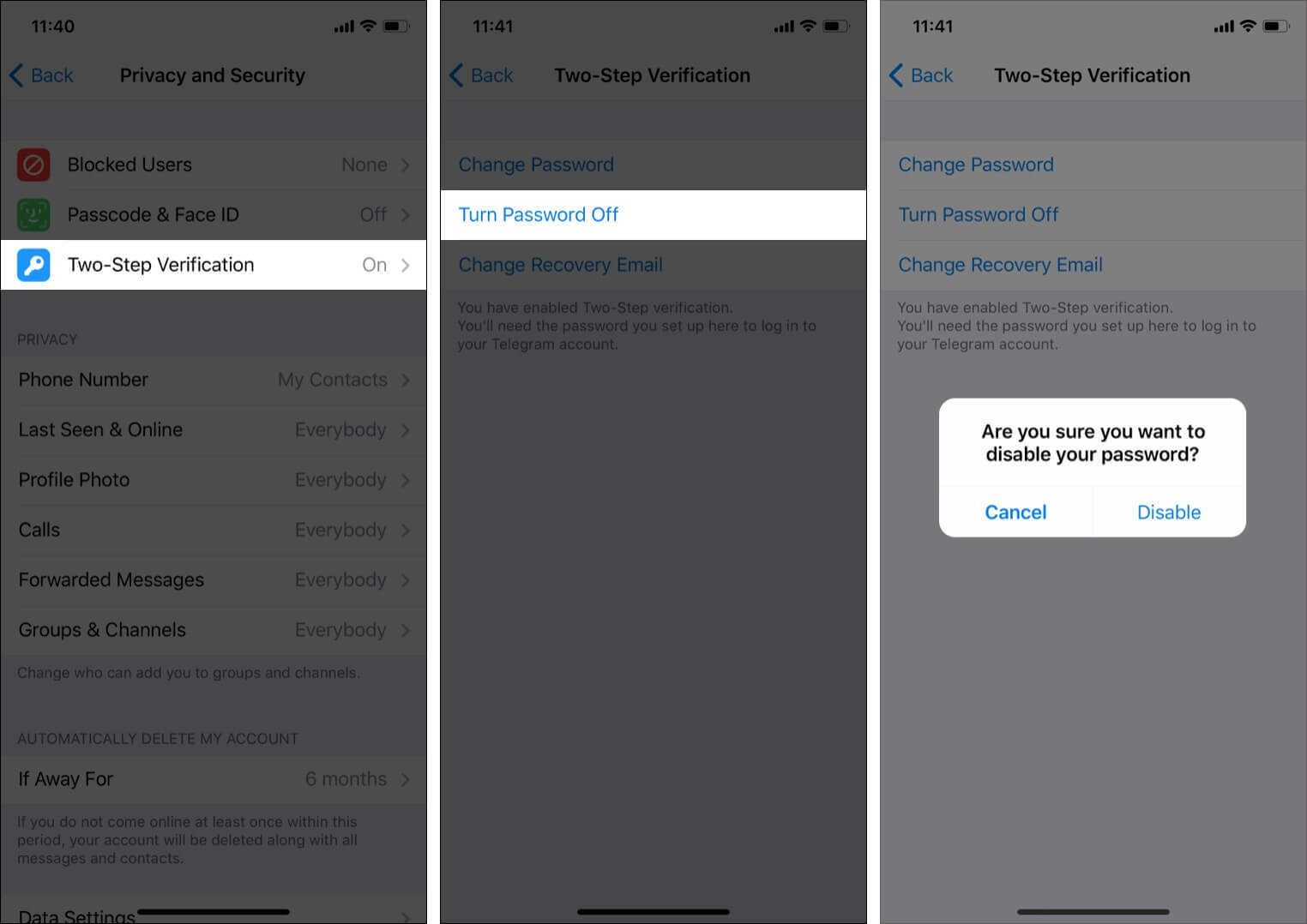 How to Disable 2 Step Verification in Telegram on iPhone