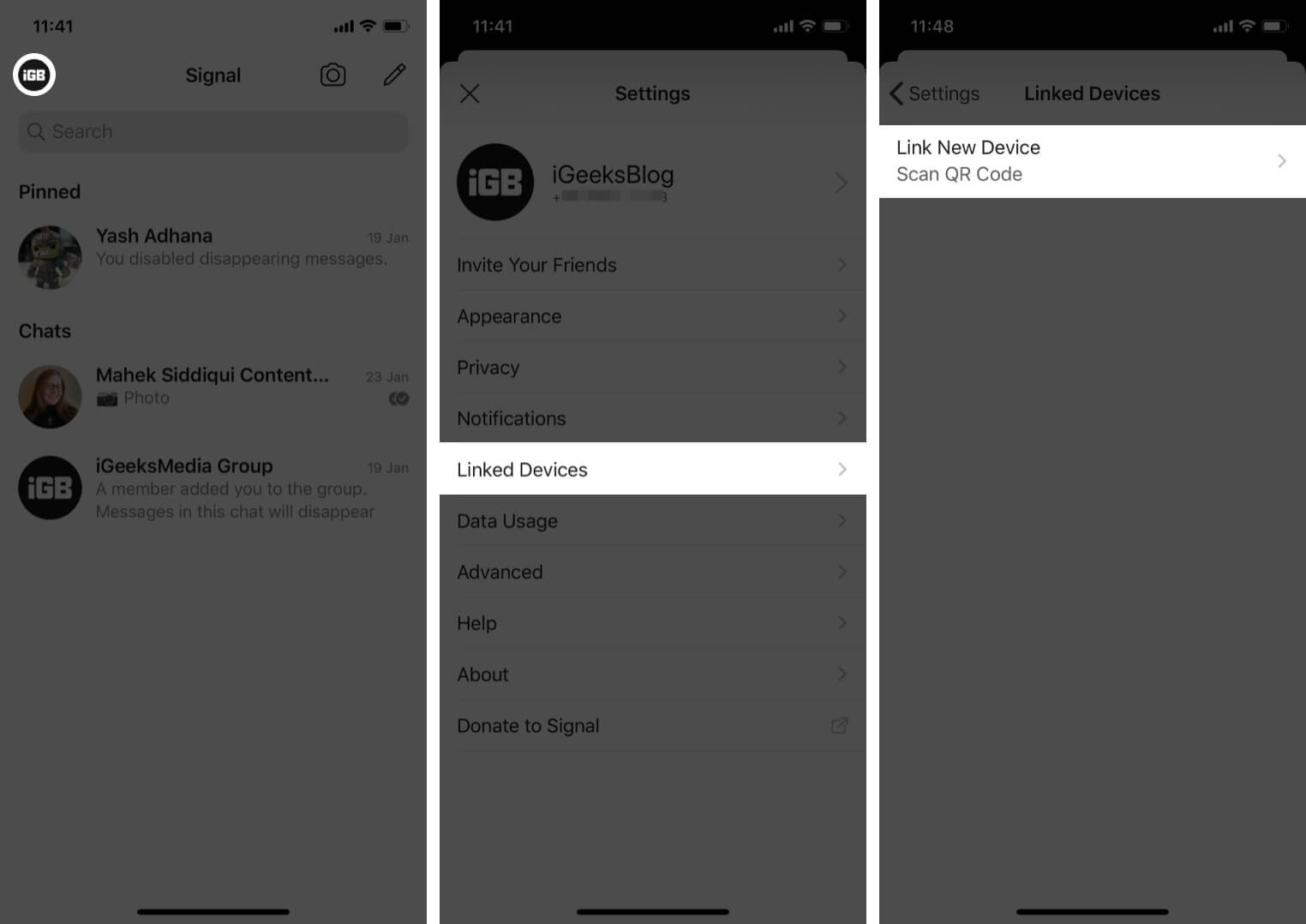 Go to settings in Signal app and select Linked Devices