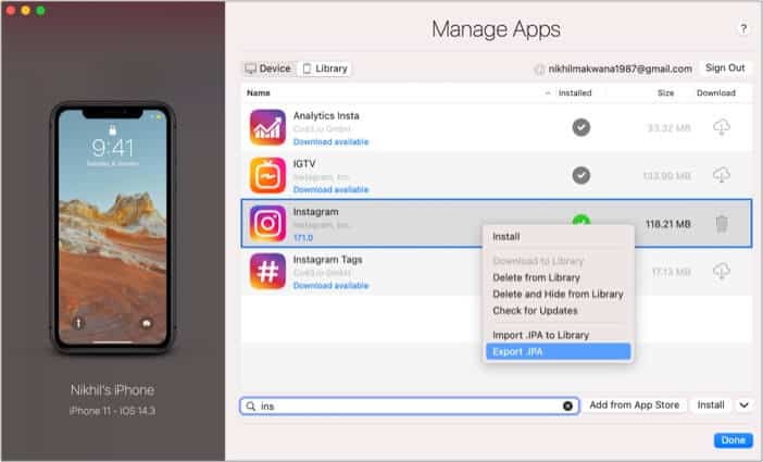 Right click on the app and select Exportipa option on Mac