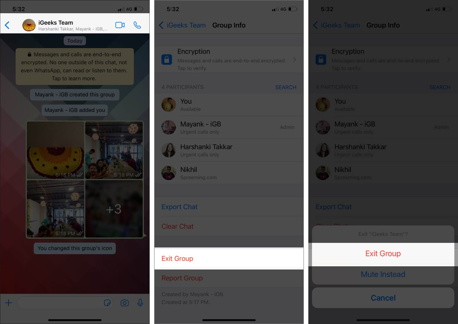 Tap top bar to reach the group tap Exit Group
