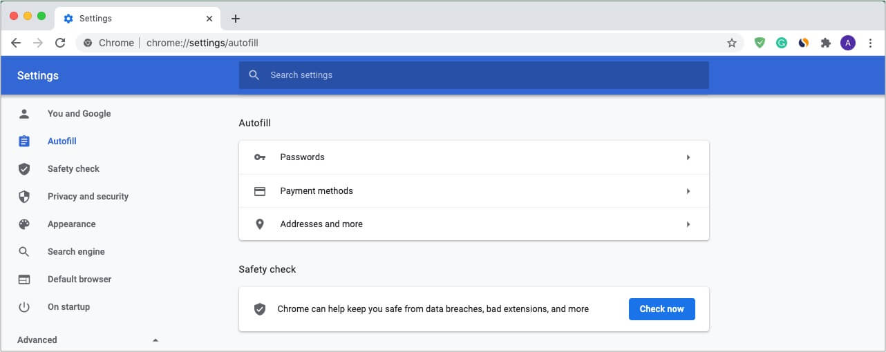 Autofill passwords address emails in Chrome