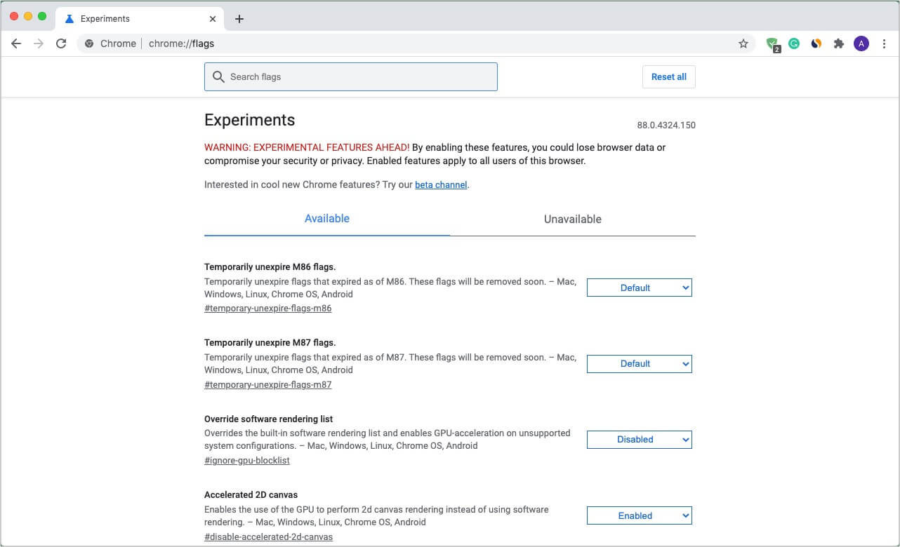 Use Chrome experimental features