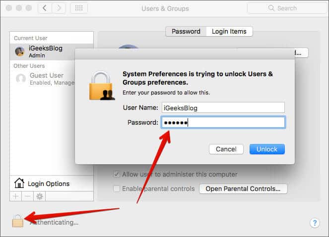 Click Lock icon and enter Administrator password in Mac Users  Groups