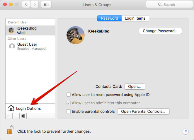 Click Login Options in Mac Users  Groups