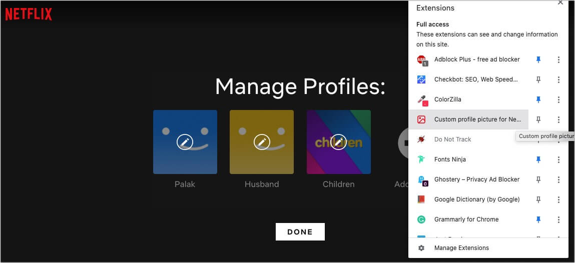 Open extension Custom Profile Picture for Netflix