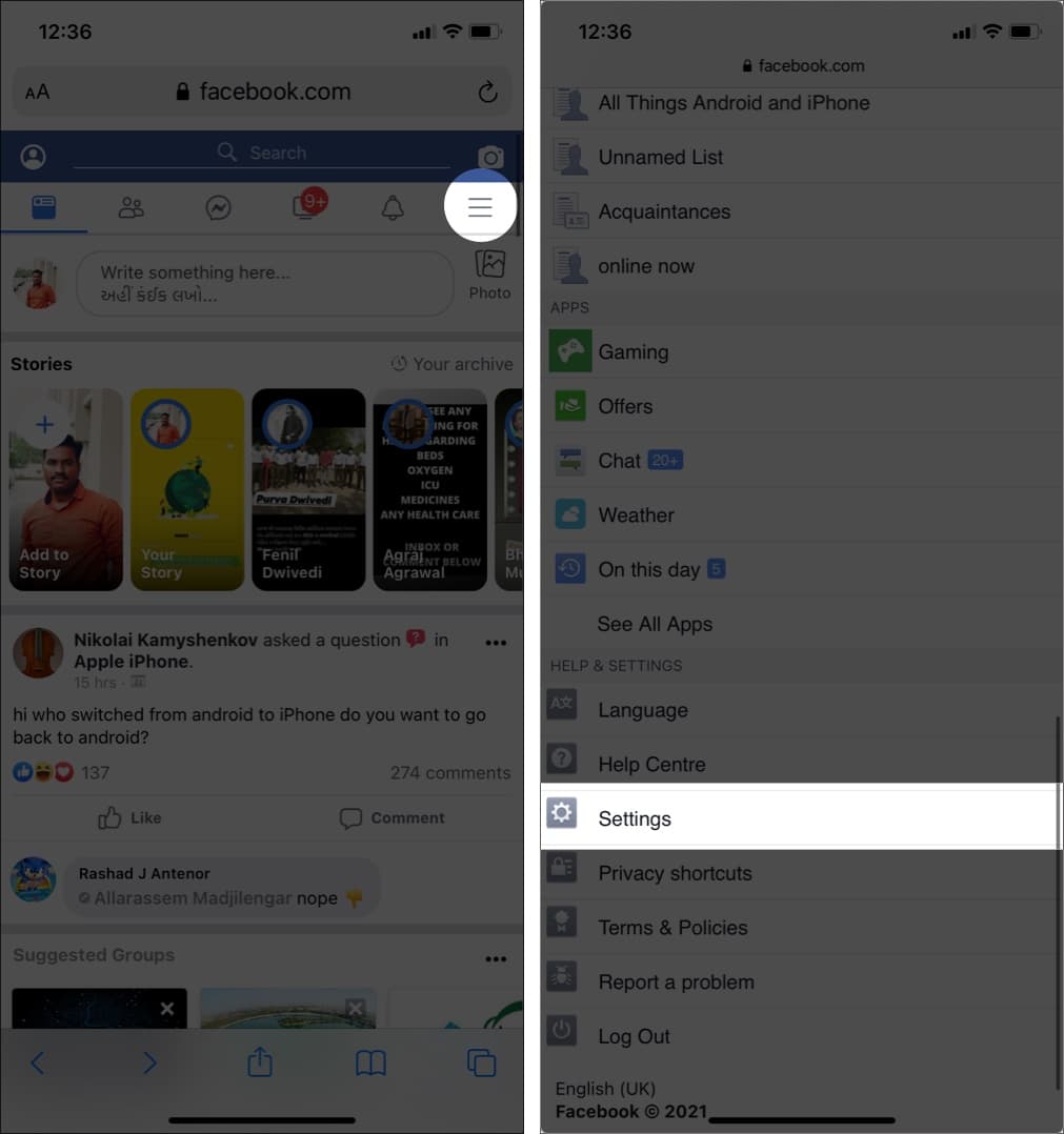 Tap hamburger menu and Settings in Facebook on mobile browser