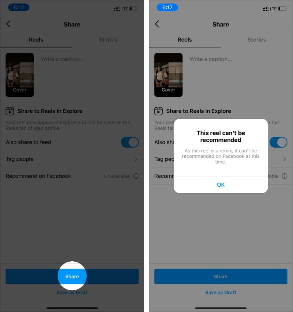 Tap on Share Facebook integration for remix reels is missing at this time