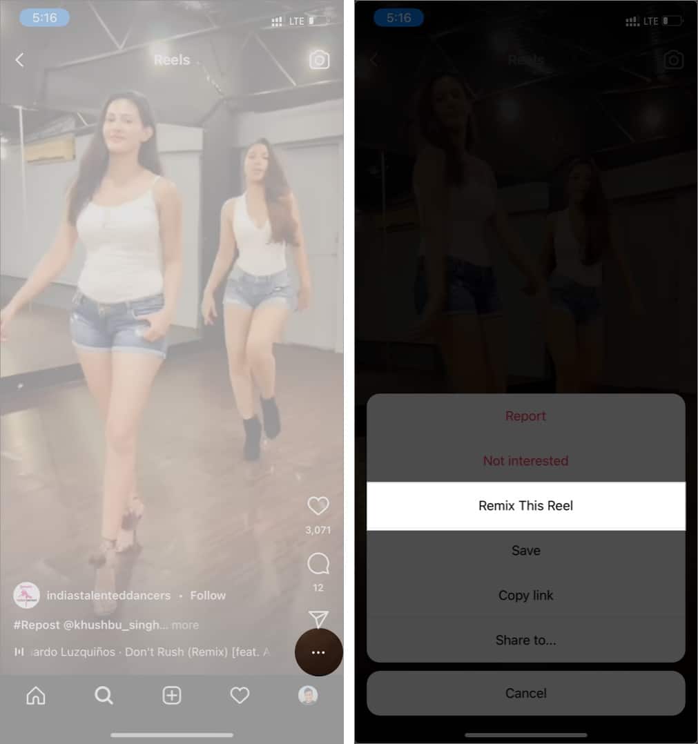 Tap the three dot menu and select Remix this Reel