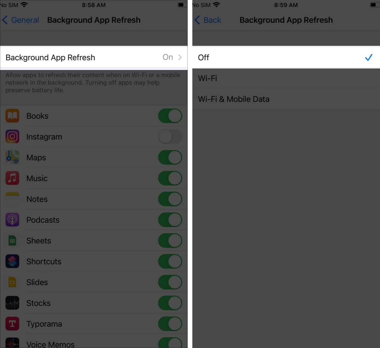 Turn off background app refresh for all apps