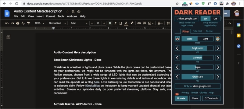 Dark Reader extension to enable Dark Mode in Google Docs