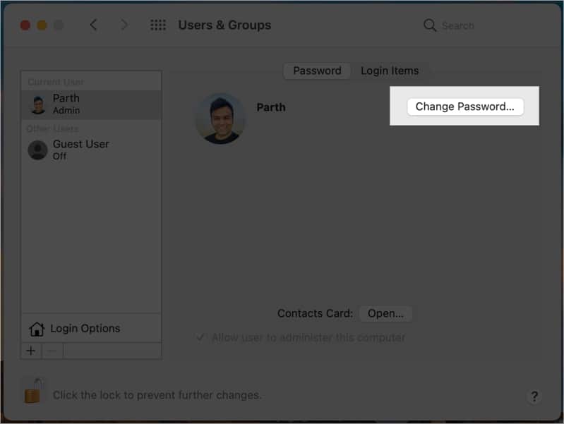 Click Change Password in Users  Groups