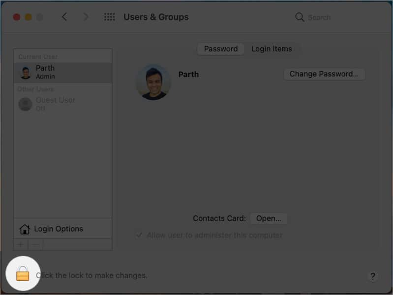 Click the lock icon in Users  Groups on Mac
