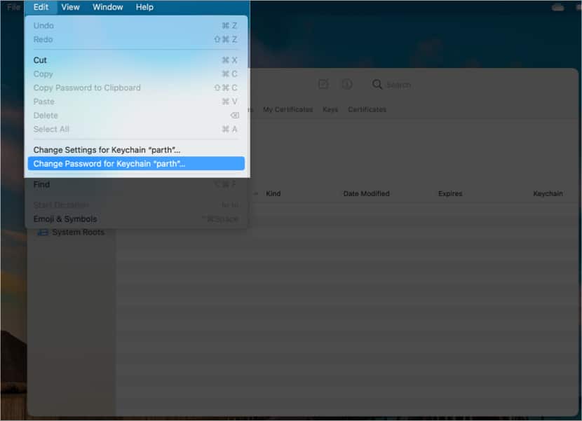 Select Change Password for Keychain Login option from Menu