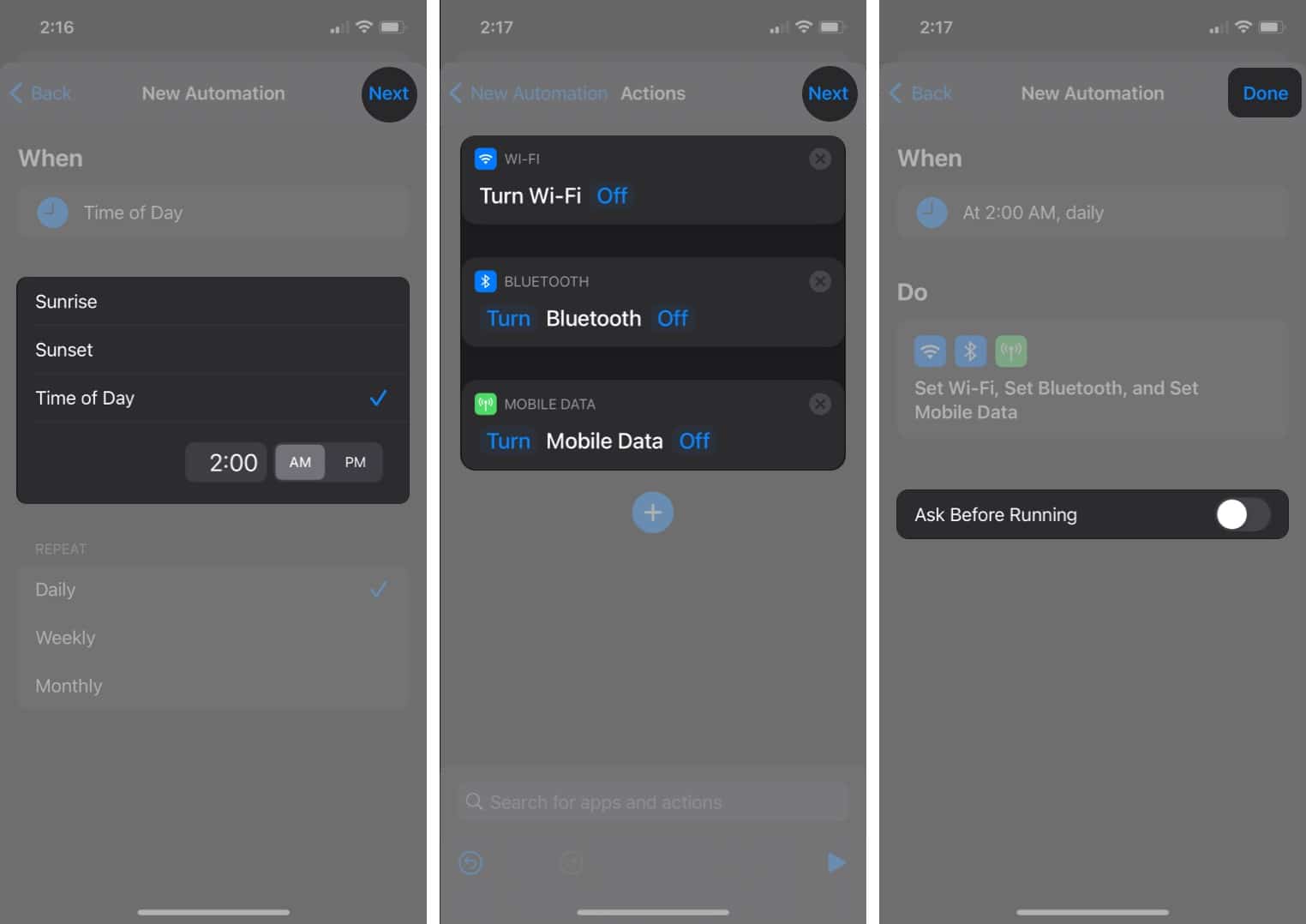 Set a Siri Automation to Turn off Wi Fi Bluetooth and Mobile Data at Night on iPhone