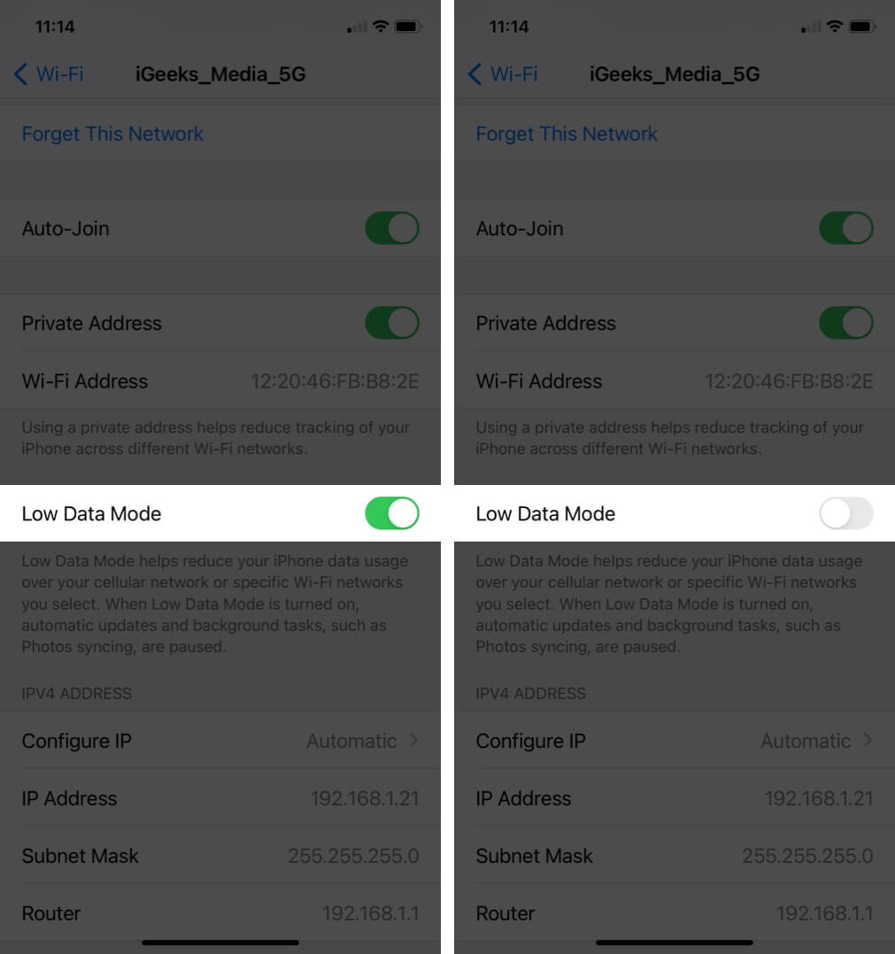 disable low data mode in wi fi settings on iphone