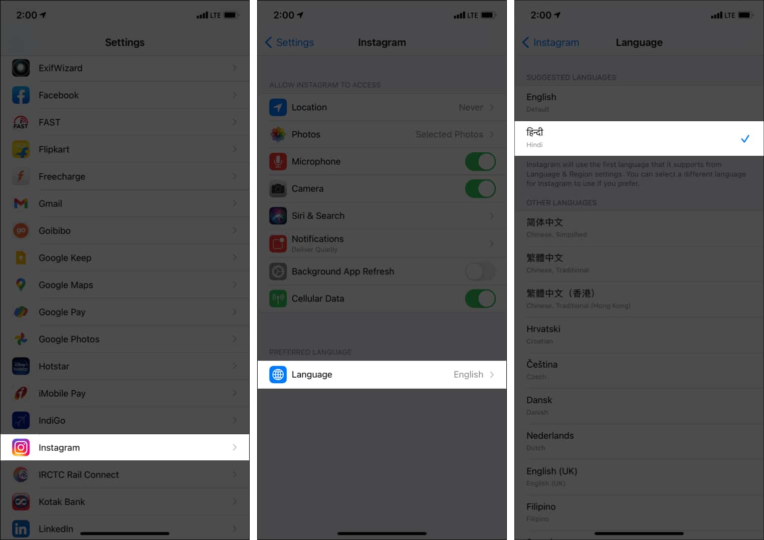 Tap Language inside an app and set the new language