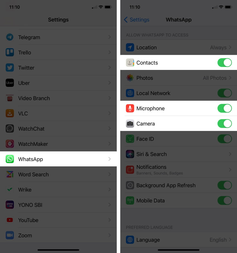 tap on whatsapp and check contacts microphone and camera is enabled in settings on iphone