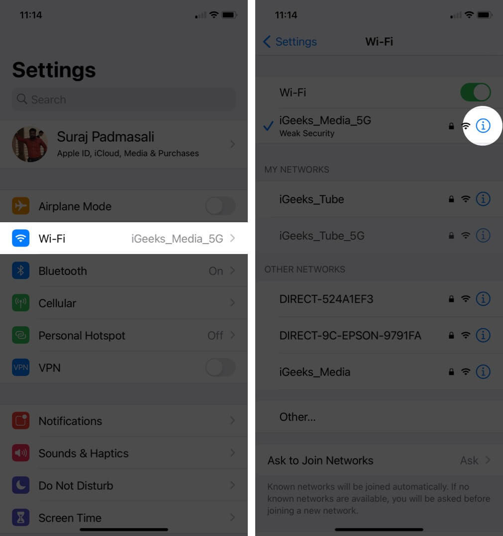 tap on wi fi and tap on i next to connected wi fi network in settings on iphone