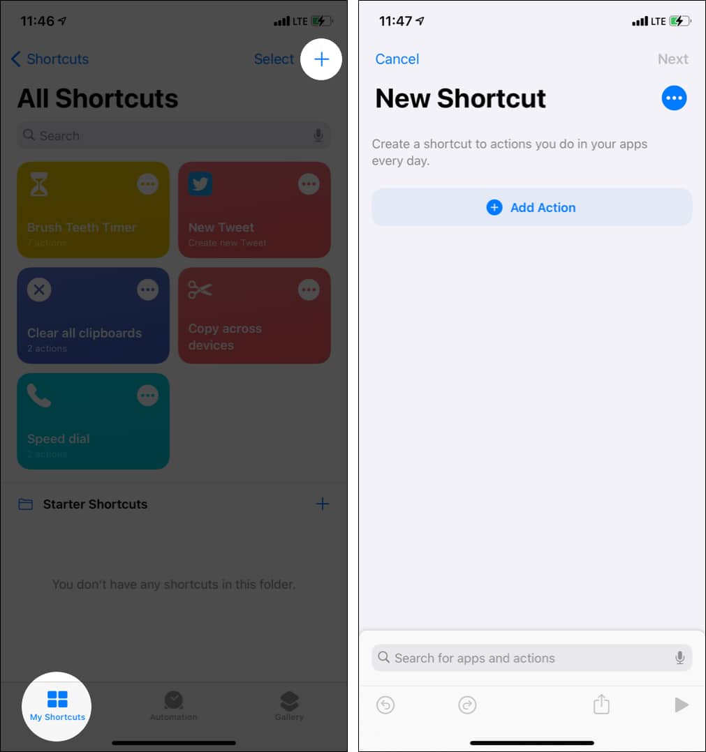 Tap Plus in My Shortcuts and tap Add Action