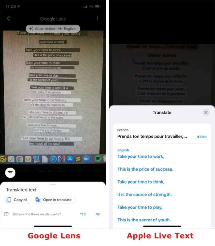 Live Text vs Google Lens   Translation
