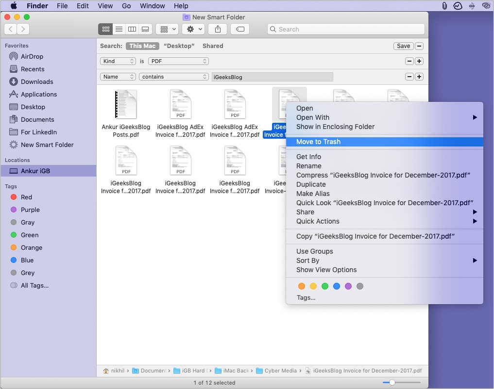 Locate and select duplicate file and move it to Trash