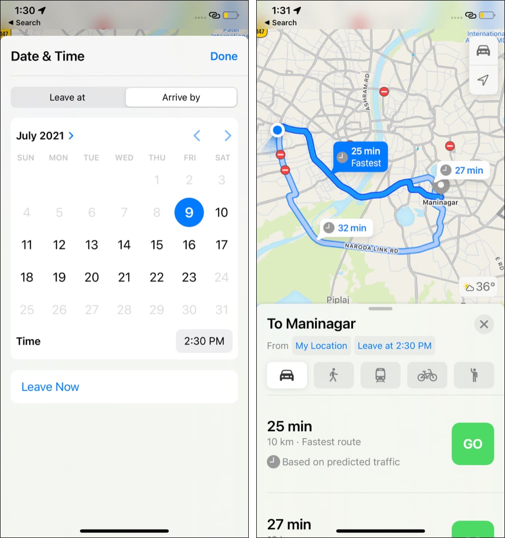 Select Leave at or Arrive by and set time and date