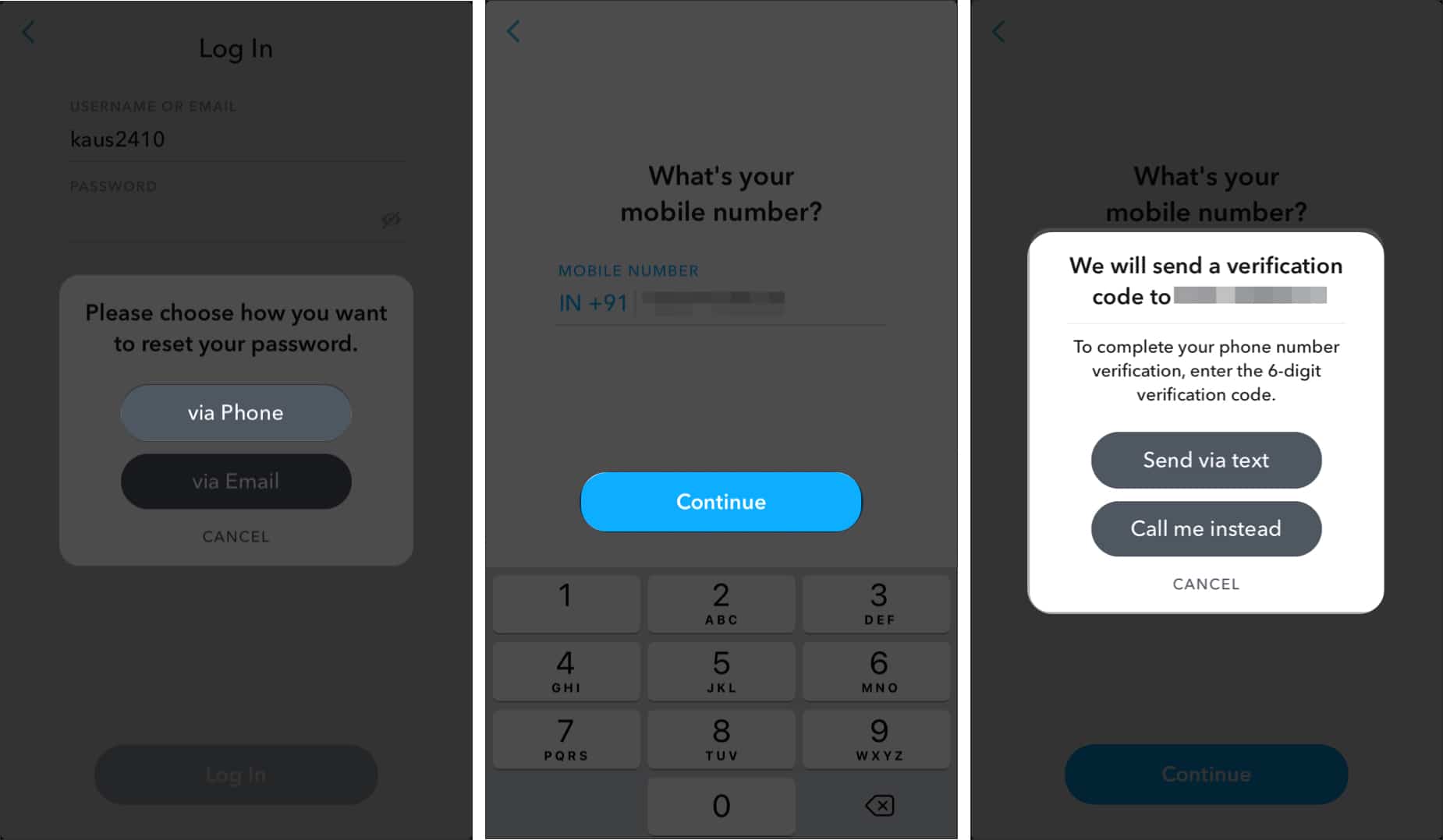 snapchat via phone password reset iphone