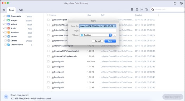 Save scans options of Magoshare Data Recovery for Mac