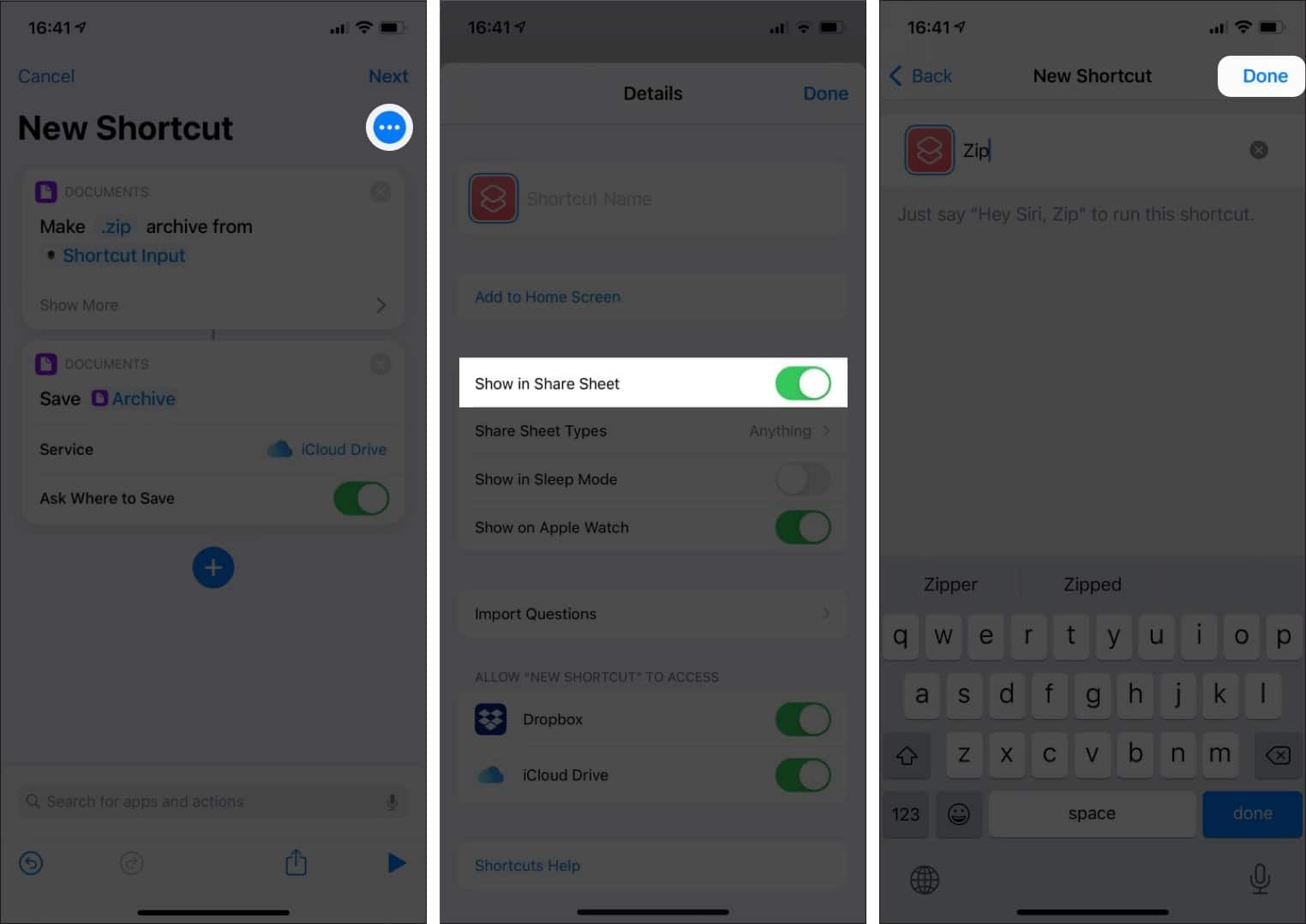 Toggle on Show in Share Sheet in shortcuts app on iPhone