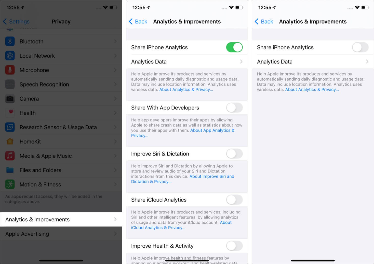 Turn off Share iPhone Analytics