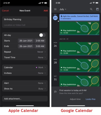 Apple Calendar vs Google Calendar Adding new event options
