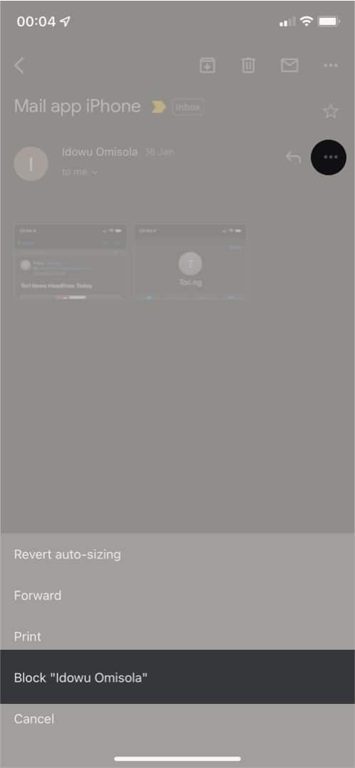 Block emails via the iOS Gmail app