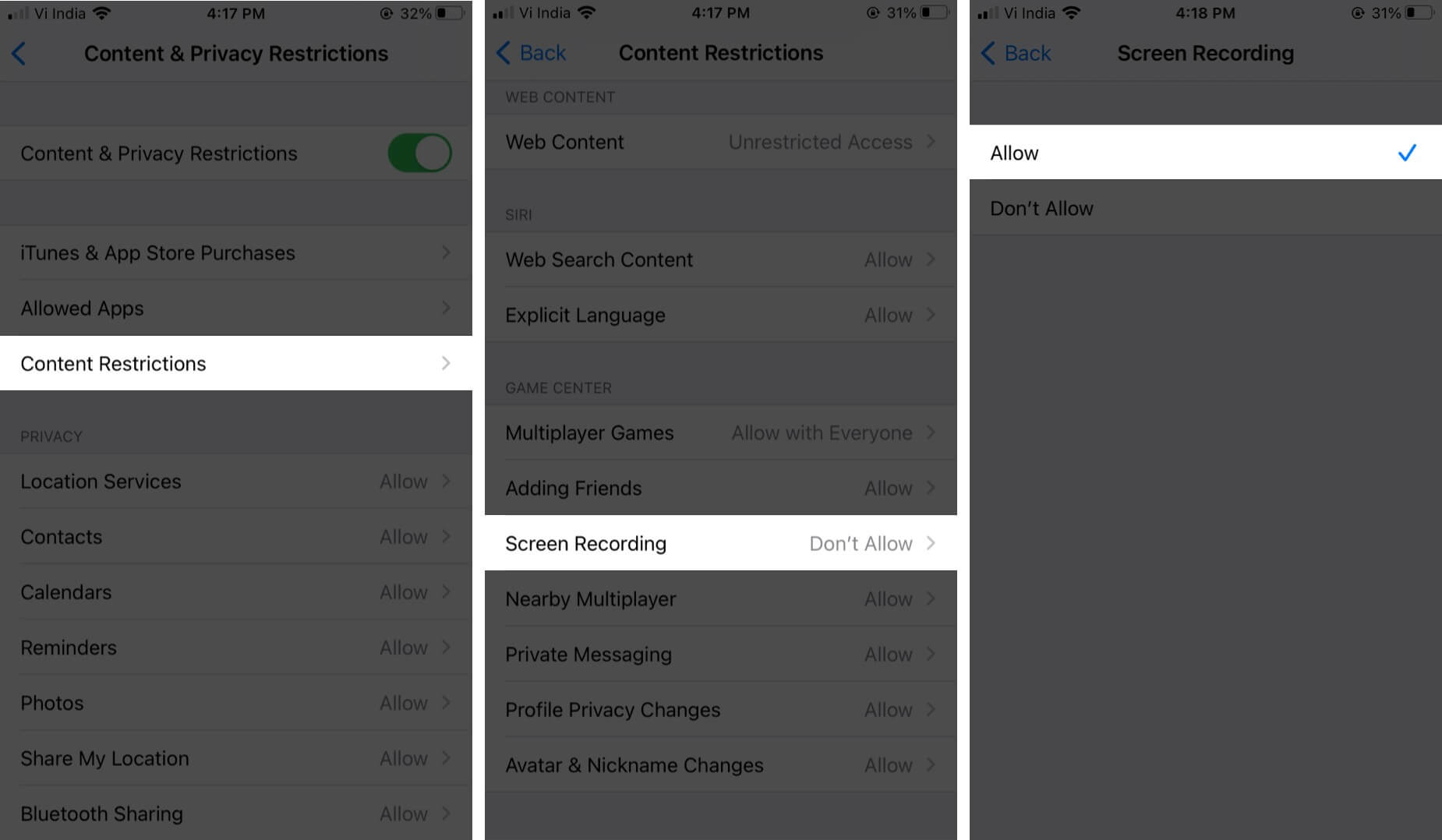 tap on content restrictions to allow screen recording from screen time on iphone