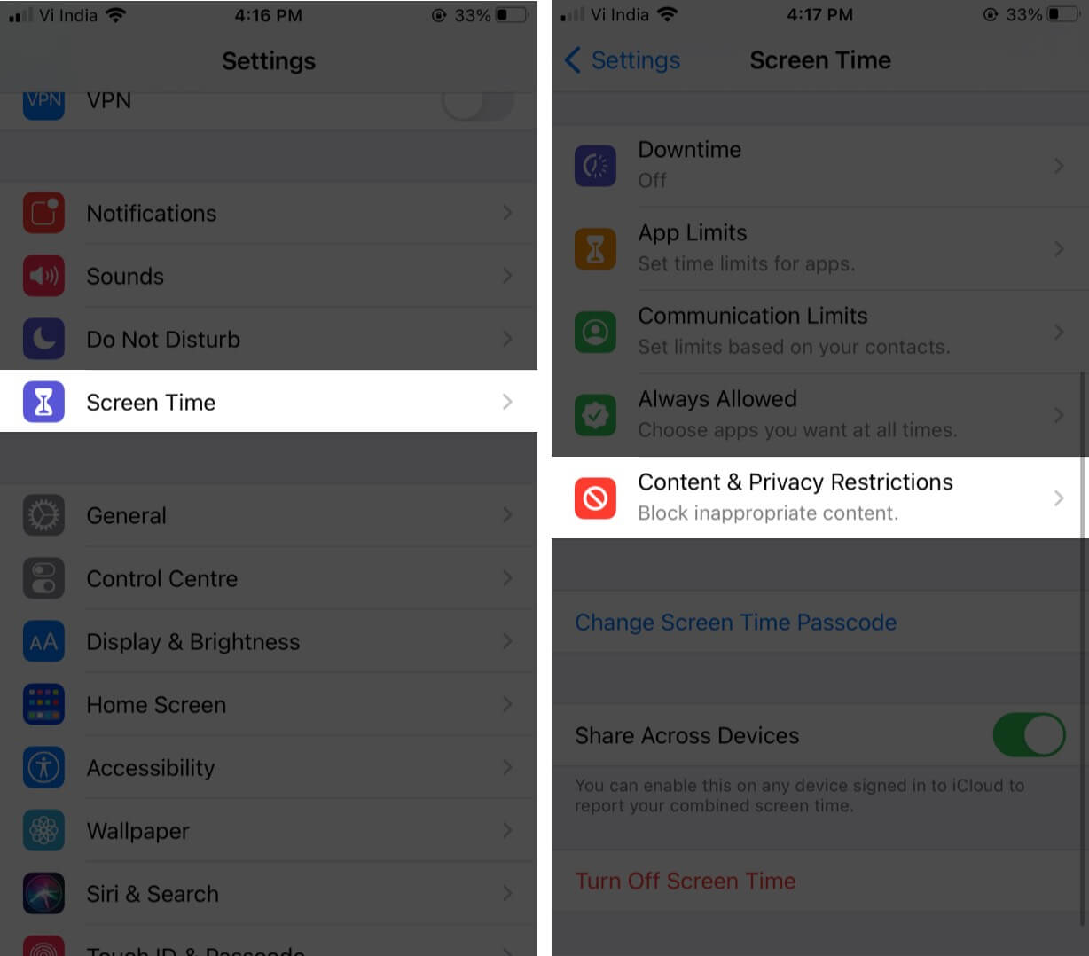 tap on screen time and then tap on content and privacy restrictions on iphone