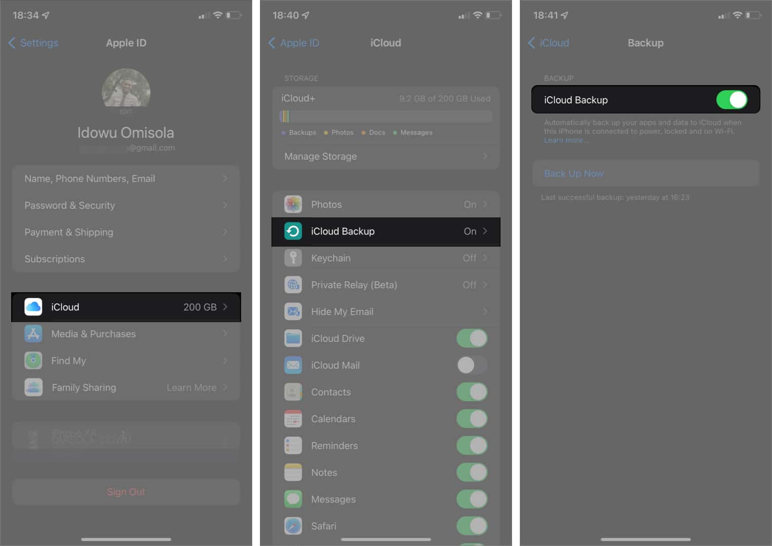 Check if iCloud backup and Drive are on