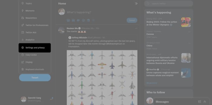 Click Settings and Privacy on Mac from Twitter Settings