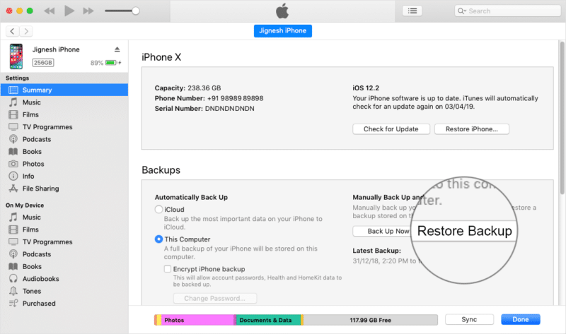 Click on Restore Backup in iTunes