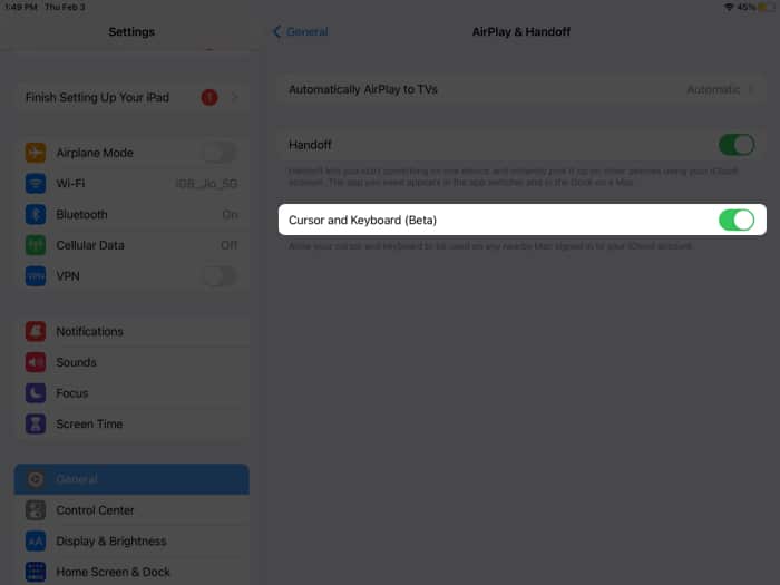 Toggle on the switch next to Cursor and Keyboard Beta on iPad