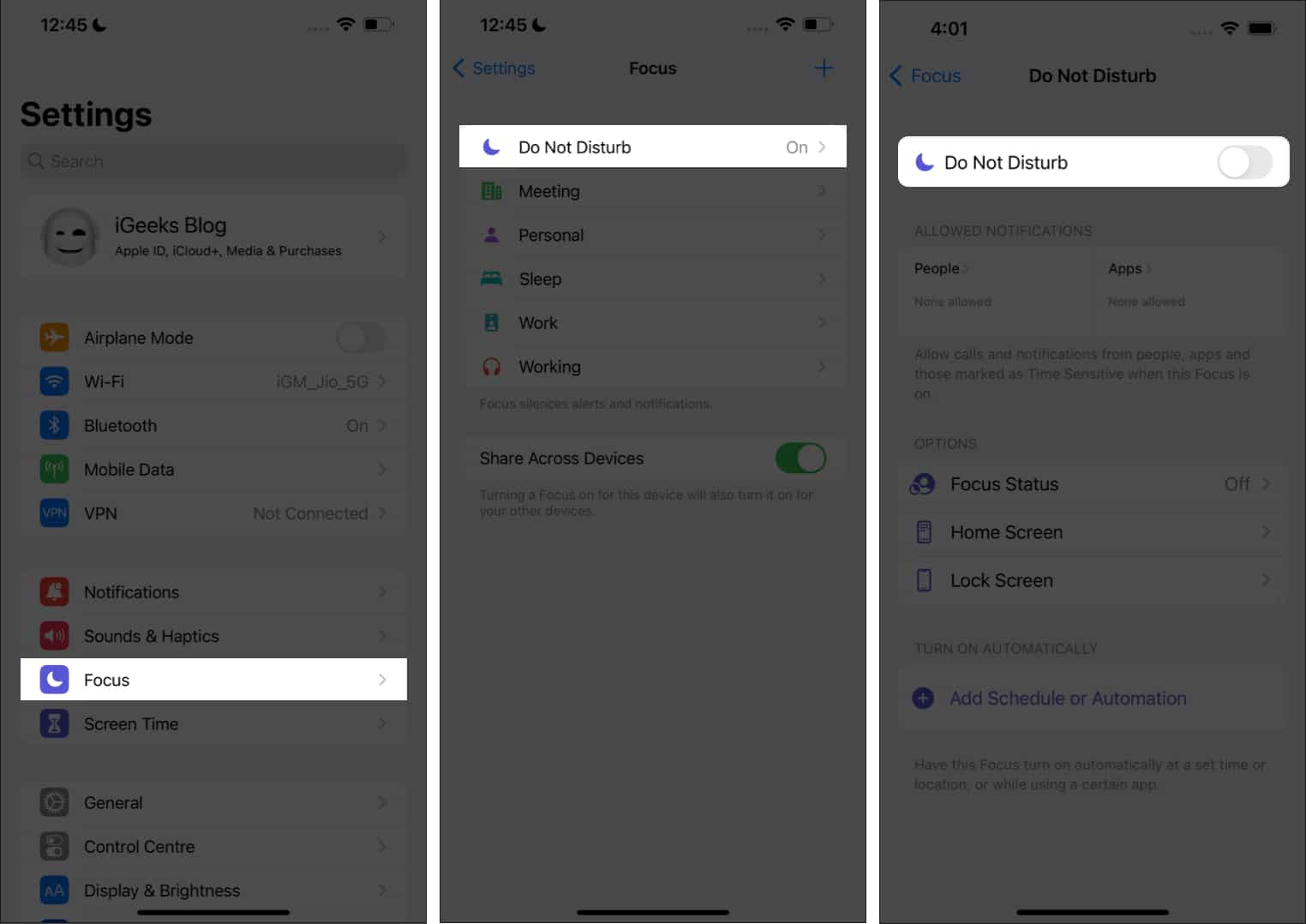 Turn off DND on iPhone