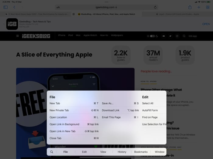 App wise keyboard shortcuts on iPad