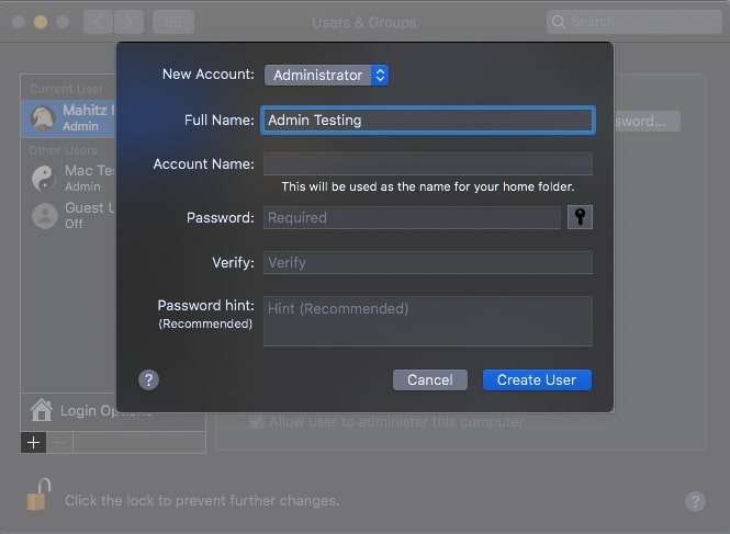 Create a new admin account on Mac