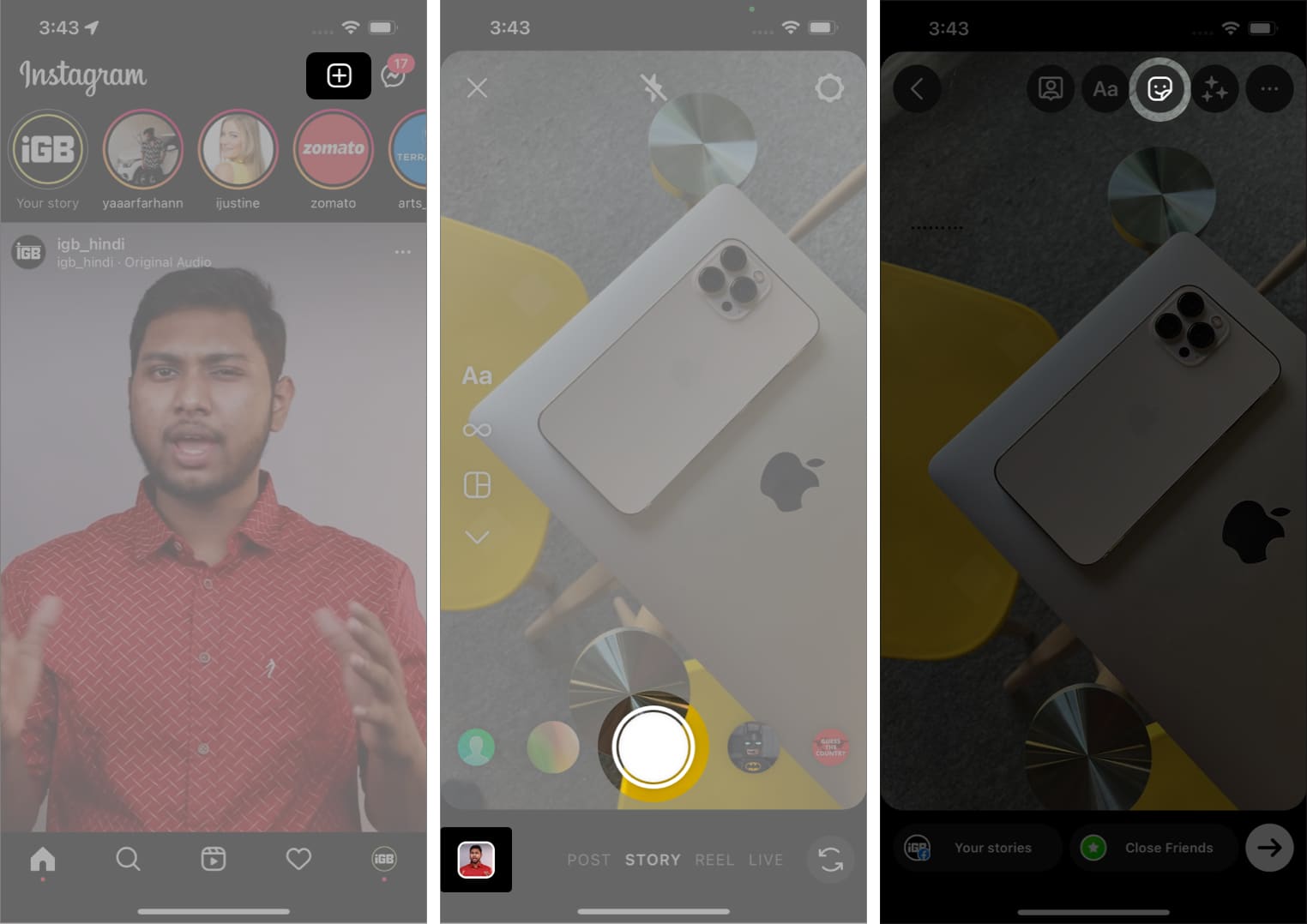 Tap the Add Sticker icon in Instagram on iPhone