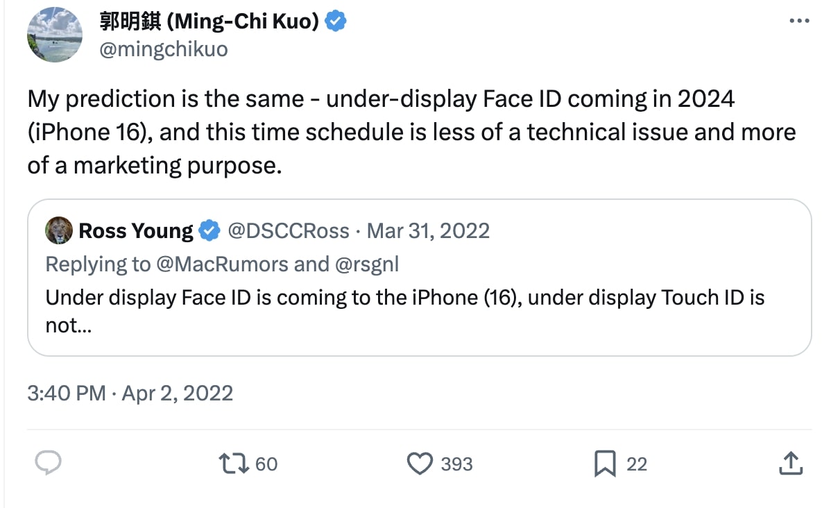 Ming Chi Kuo replied to Ross Young on Twitter