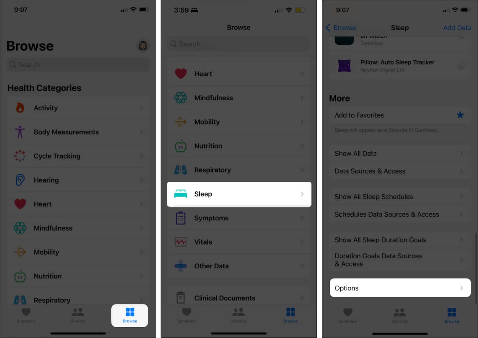 Tap Options from the iPhone's Health app