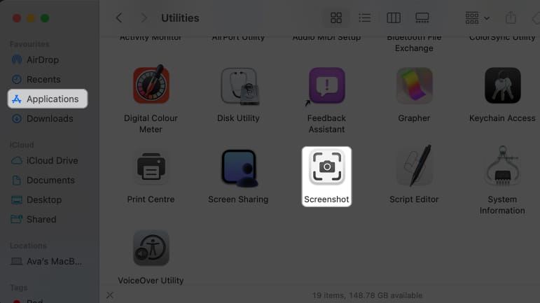 go to application utilities and select screenshot in finder