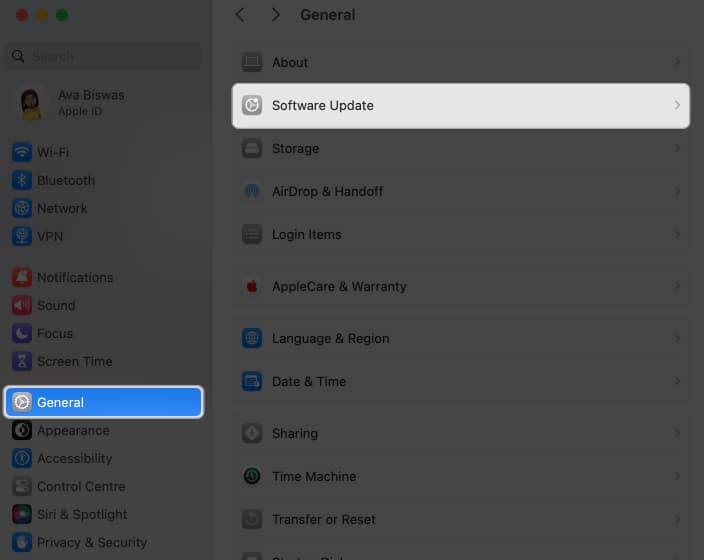 go to general software update in mac settings