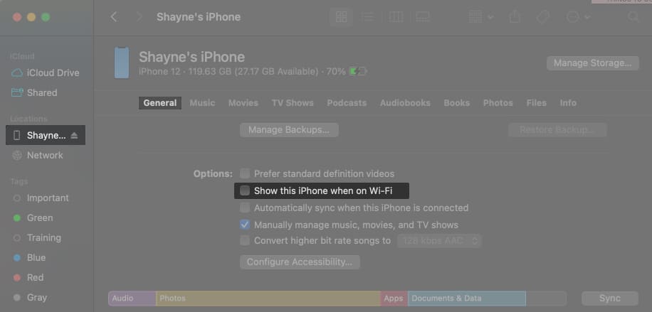 Disconnect iPhone from Macs Finder