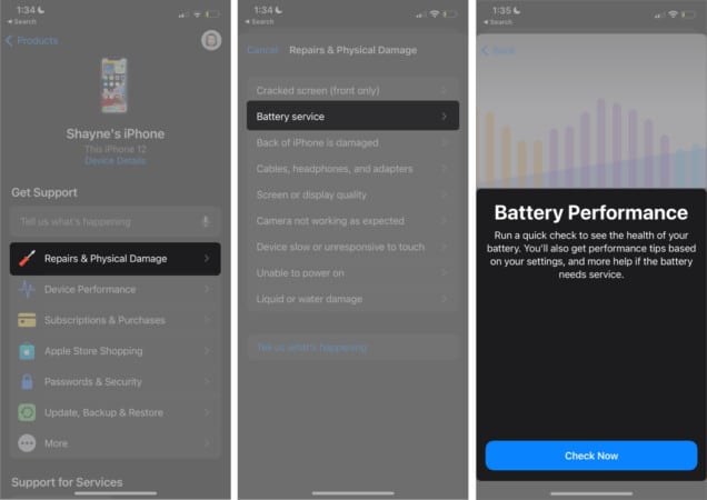 Open Apples Support app to check Battery health