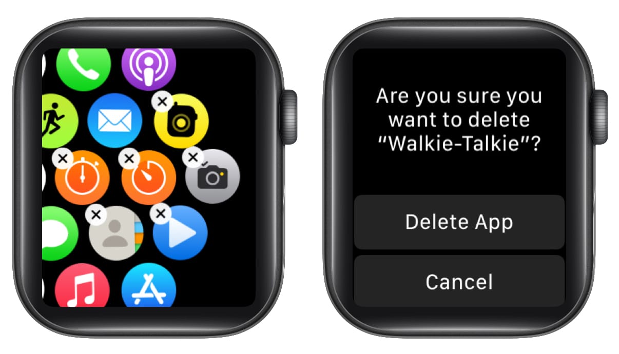 Delete Walkie Talkie App using Grid view on Apple Watch