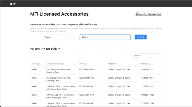 How to find a list of Apple MFi certified accessories